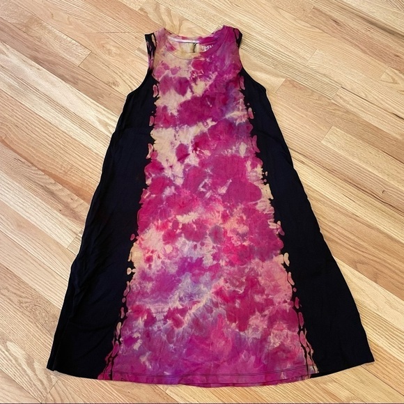 Reverse tie dye dress sleeveless pockets color block purple magenta black S - Picture 7 of 9